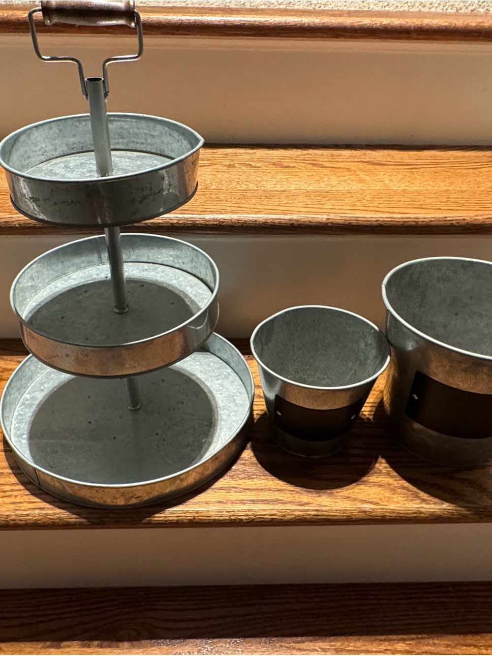 Galvanized Metal 3-Tier Stand with Matching Planters